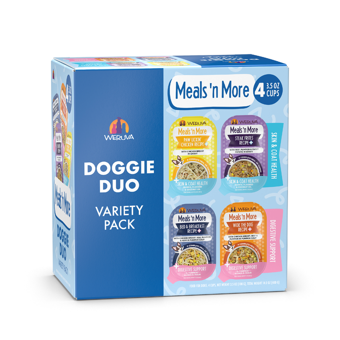 A Weruva Doggie Duo Variety Pack, featuring 4 cups of dog food in assorted flavors, each designed for skin & coat support or easy digestion, comes in a blue and white box to help keep your pup healthy and happy.