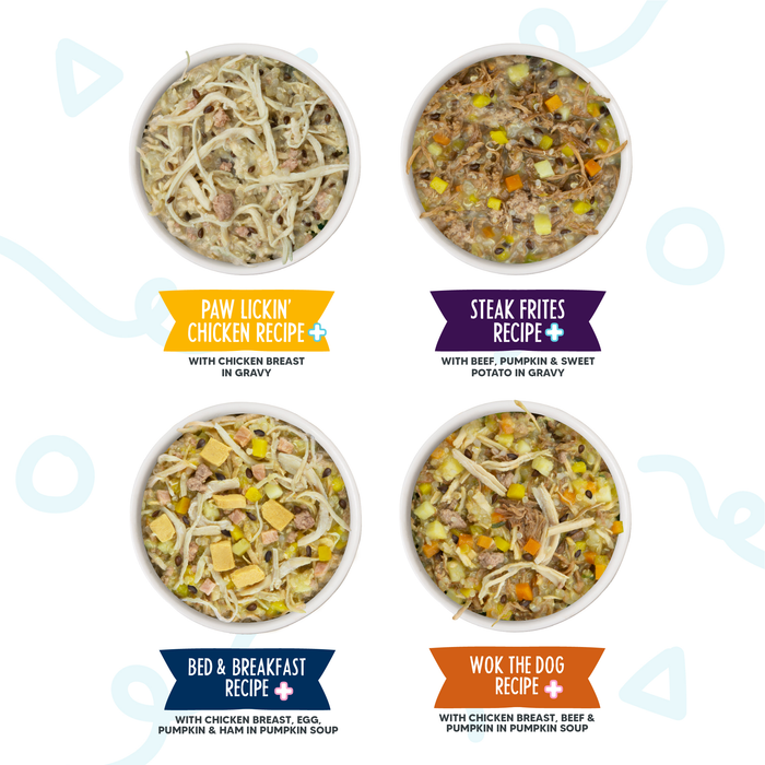 Four bowls from Weruva’s Doggie Duo Variety Pack—Paw Lickin’ Chicken, Steak Frites, Bed & Breakfast, and Wok the Dog—are shown from above with ingredients supporting easy digestion and skin and coat health.