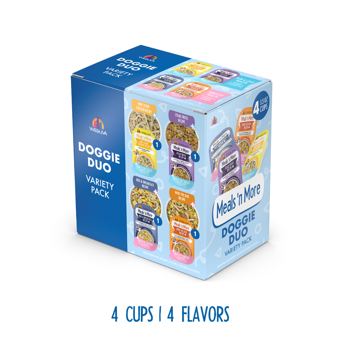 A box of Weruva Doggie Duo Variety Pack dog food with 4 cups in 4 flavors for easy digestion. The packaging displays images of the cups and flavor labels on a blue and white background.