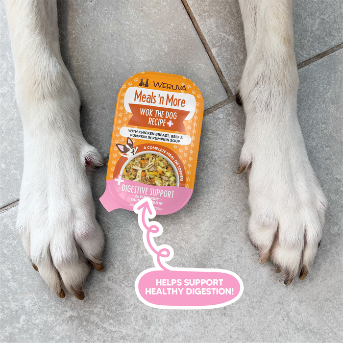 A dog’s front paws rest on tiled floor with a Weruva Doggie Duo Variety Pack between them. A pink arrow and text highlight the food’s easy digestion and digestive support benefits.