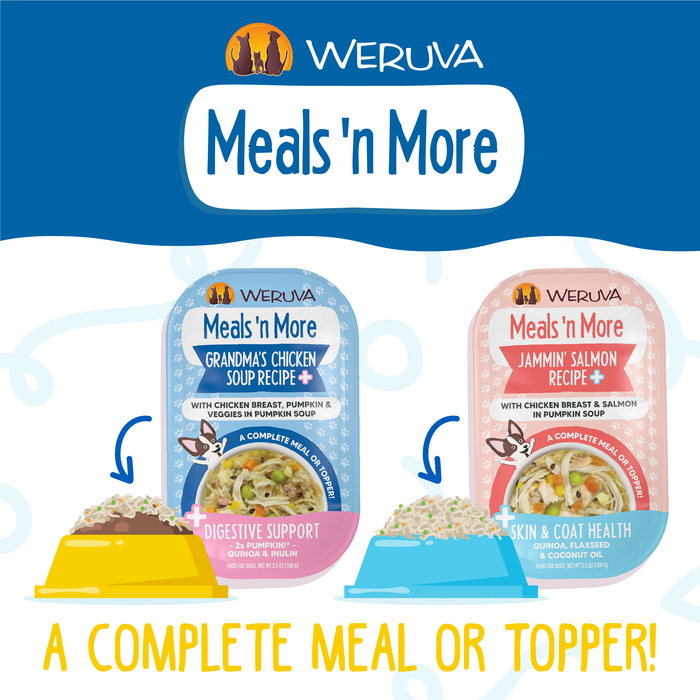 Two Weruva Doggie Duo Variety Pack dog food packs are shown in bowls, promoting use as a complete meal or topper. Text highlights easy digestion and support for healthy skin and coat.