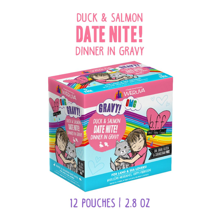A vibrant box of BFF Best Feline Friend Duck & Salmon Date Nite! cat food showcases playful graphics and contains 12 pouches of duck and salmon in savory gravy, each 2.8 oz, perfect for hydrating your cat at every meal.