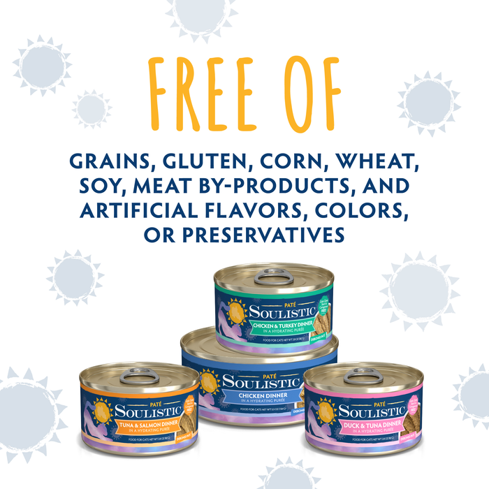 Four cans of Soulistic Duck & Tuna Dinner in a Hydrating Purée are shown with text above that reads: free of grains, gluten, corn, wheat, soy, meat by-products, and artificial flavors, colors or preservatives. Sun icons shine behind them.