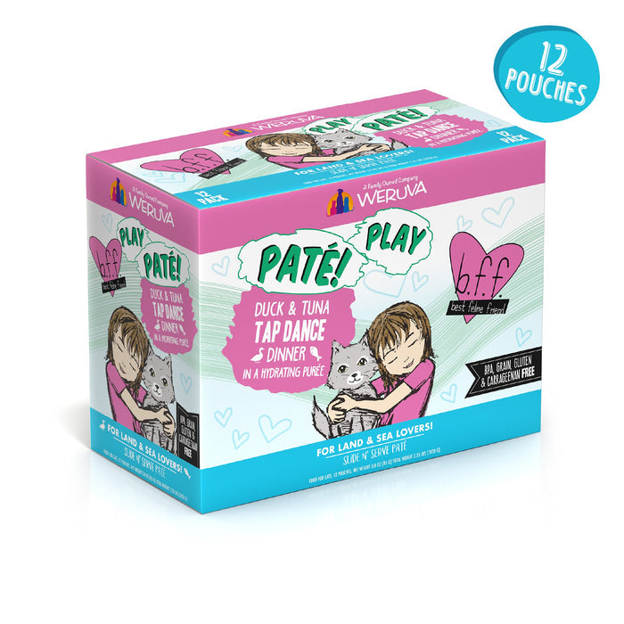 A pink and turquoise BFF Best Feline Friend Duck & Tuna Tap Dance cat food box shows a girl hugging a cat. The 12-pack contains grain, gluten, and carrageenan-free pouches with cage-free duck and wild-caught tuna.