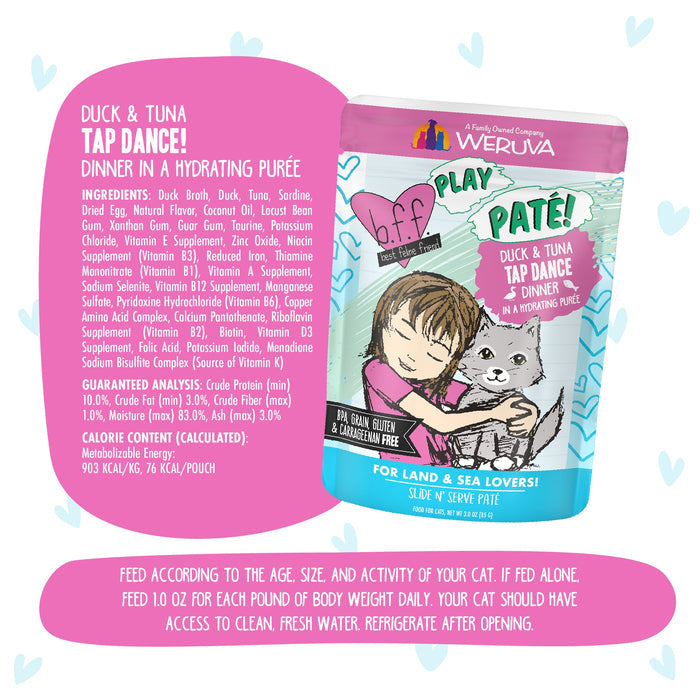 A colorful pouch of BFF Best Feline Friend Duck & Tuna Tap Dance cat food, with a girl hugging a cat, grain free and nutrition info, feeding instructions shown on a white background with blue hearts.