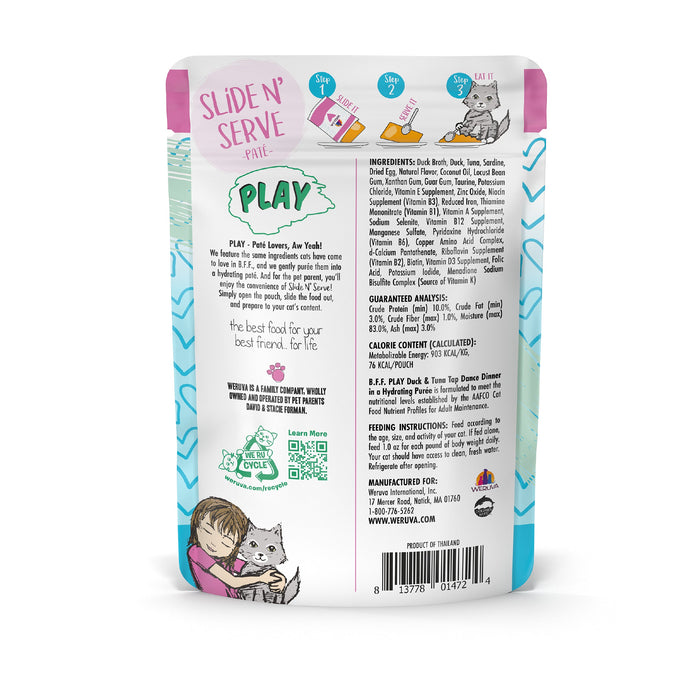 Back of a BFF Best Feline Friend Duck & Tuna Tap Dance pouch shows product info, cage-free duck ingredients, nutrition details, and feeding directions. At the bottom, there's an illustration of a girl hugging a gray cat.