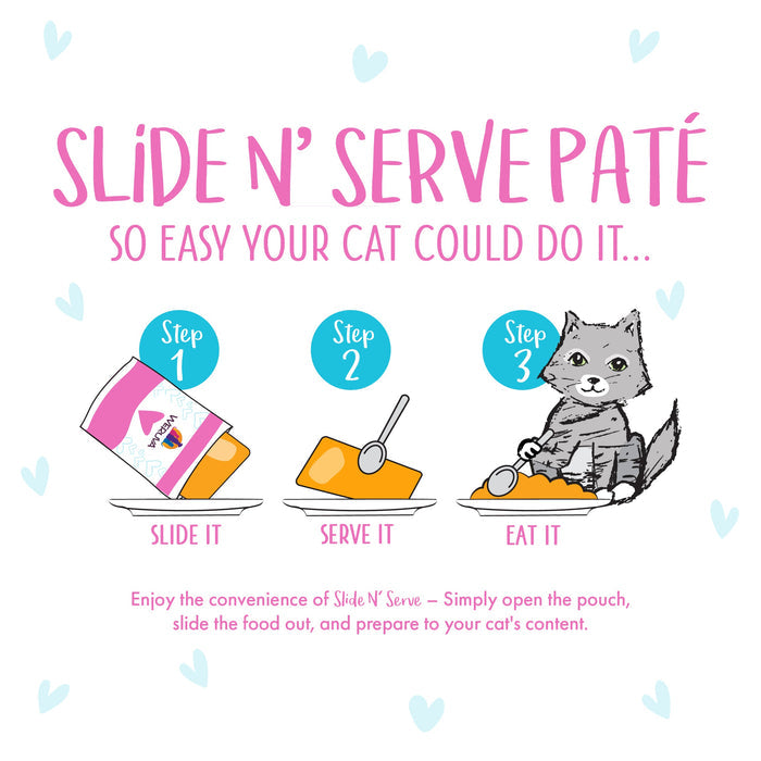 Easy instructions for BFF Best Feline Friend Duck & Tuna Tap Dance: Step 1—slide food from pouch onto plate, Step 2—serve, Step 3—watch your happy cat enjoy delicious, grain free duck and tuna. Mealtime made simple!.