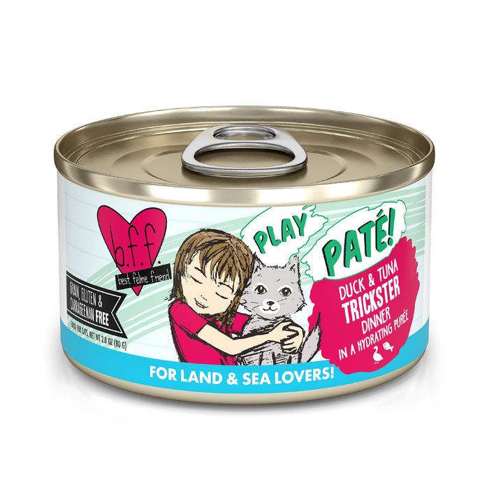 A can of BFF Best Feline Friend Duck & Tuna Trickster cat food, a hydrating purée with cage-free duck and wild-caught tuna. Features an illustration of a child hugging a gray cat. Gluten and carrageenan free.