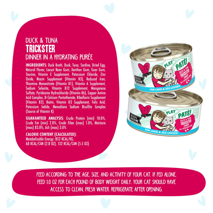 Two cans of BFF Best Feline Friend Duck & Tuna Trickster cat food are displayed, highlighting cage-free duck and wild-caught tuna. The white background features blue heart patterns with ingredients, nutrition facts, and feeding guidelines.