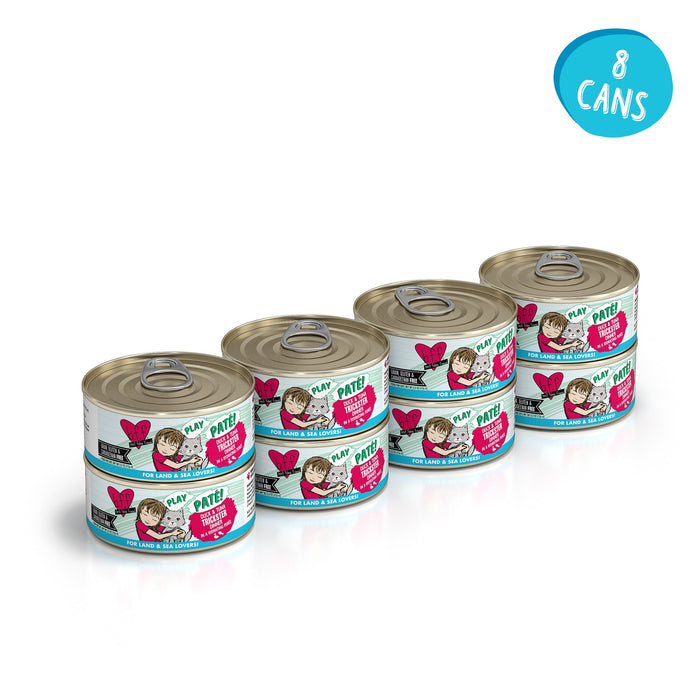 Eight cans of BFF Best Feline Friend Duck & Tuna Trickster cat food are arranged in two stacks of four, with a blue circle in the top right corner displaying the text "8 CANS.