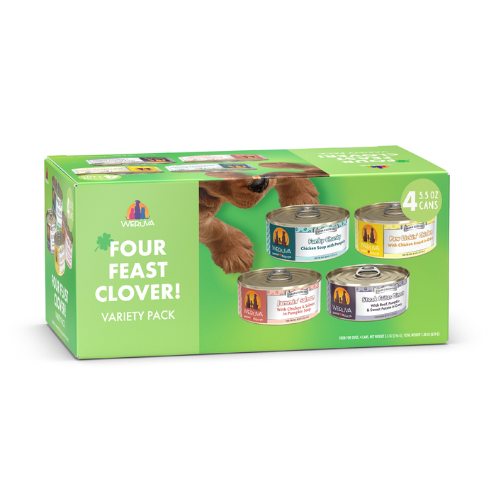 A green Weruva Four Feast Clover variety pack for cats, featuring four 5.5 oz cans with different flavors and a cat’s face above the cans on the box.