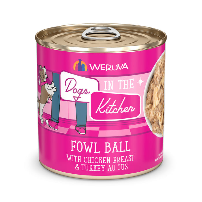 A can of Dogs in the Kitchen Fowl Ball dog food, featuring a pink label with cartoon dogs and chicken breast & turkey au jus. Perfect for picky pups!.
