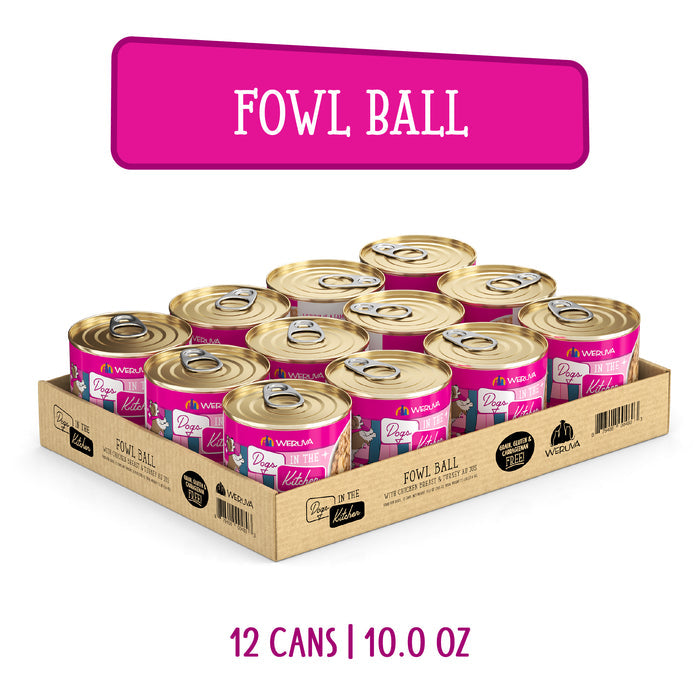 A tray of 12 Dogs in the Kitchen Fowl Ball cat food cans, each 10.0 oz, features gold lids, pink labels, and the name FOWL BALL in large white letters on a pink background. Made with cage-free chicken.