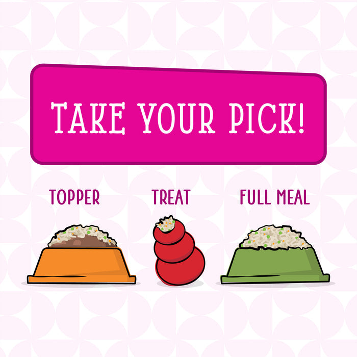 A pink sign says Take Your Pick! above three choices: a bowl labeled Topper, a treat toy labeled Treat, and a bowl labeled Full Meal—each filled with Dogs in the Kitchen Fowl Ball, protein-rich food for picky pups.