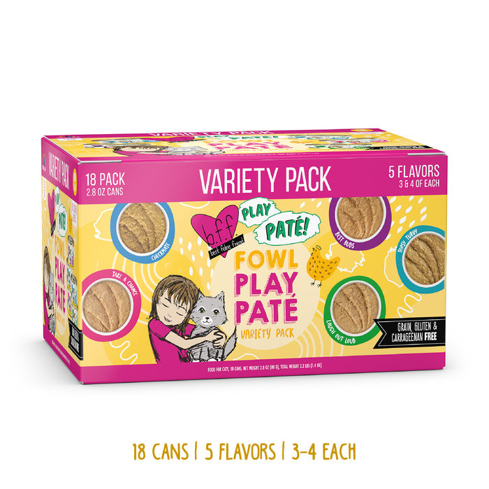 The BFF Best Feline Friend Fowl PLAY Paté Variety Pack has 18 cans in 5 grain-free flavors. The box shows a girl with her cat and round pâté images, and highlights cage-free chicken in the recipes.