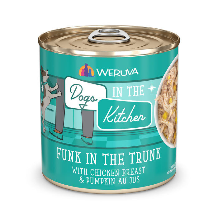 A can of Dogs in the Kitchen Funk in the Trunk dog food, made with cage-free chicken breast and pumpkin au jus. The label shows a dog, a person, and a window displaying the protein-rich meal inside.