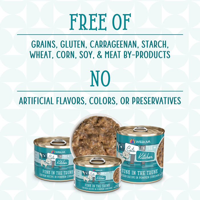 Cans of Cats in the Kitchen Funk in the Trunk cat food are shown, highlighting that it's grain-free, made with cage-free chicken, high in protein, and free from artificial flavors, colors, preservatives, and common fillers.