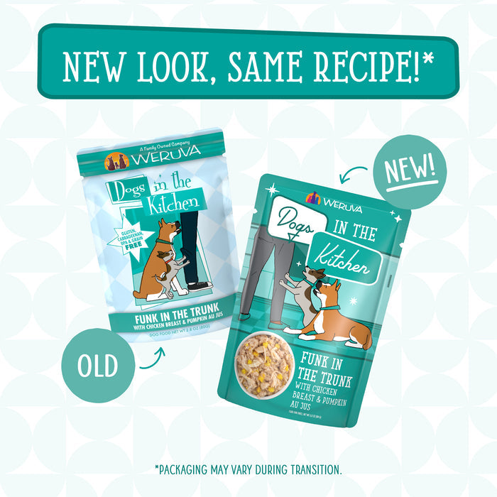 Two Funk in the Trunk packages from Dogs in the Kitchen, labeled OLD and NEW!, highlight a design update for this high-protein dog food made with cage-free chicken and pumpkin. A dog looks up at a person. Text: NEW LOOK, SAME RECIPE!.