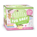 The Weruva Fur Baby Favorites box showcases playful cat designs and offers a 12-can kitten food variety pack with chicken breast, chicken pate, and tuna & pumpkin flavors for balanced nutrition and hydration.