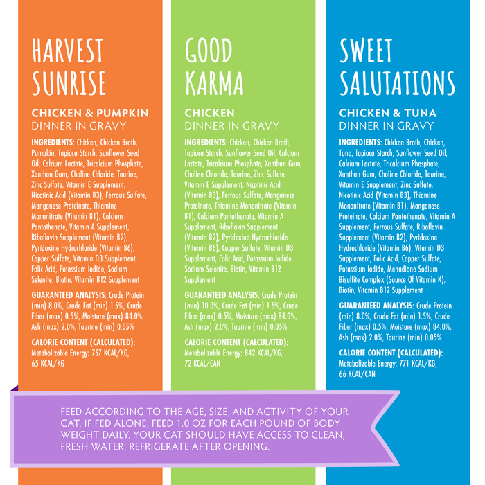 A three-column chart compares three moisture-rich meals: Gentle Gems by Soulistic, Harvest Sunrise (pumpkin cat food with chicken), and Good Karma (chicken), detailing ingredients, high-quality proteins, nutrition, and feeding directions.