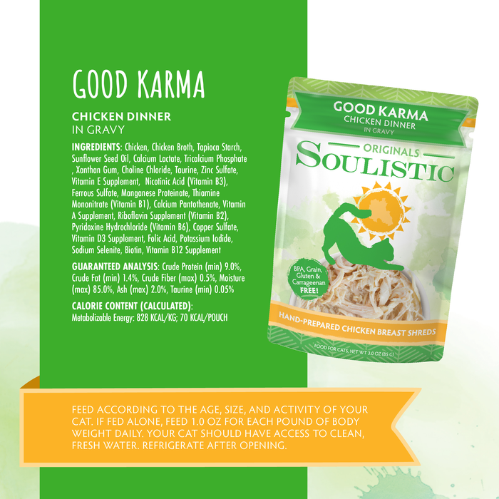 A package of Soulistic Good Karma cat food in gravy is displayed, with its ingredients, guaranteed analysis, calorie content, and feeding directions shown nearby on a green and yellow background, emphasizing its high-quality protein content.