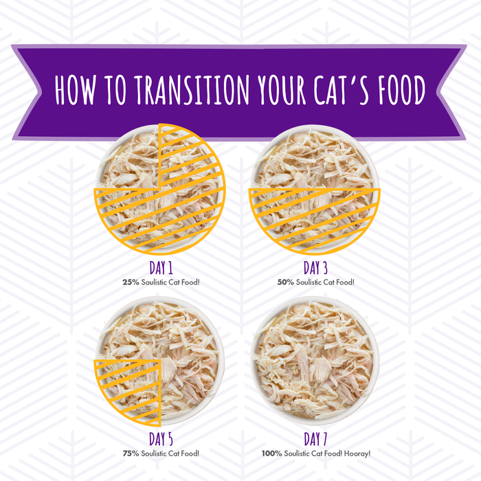 Four bowls of Soulistic Good Karma cat food—boneless chicken with natural moisture—show a gradual increase over seven days. Text reads: How to Transition Your Cat’s Food. Days are labeled 1 (25%) to 7 (100%).