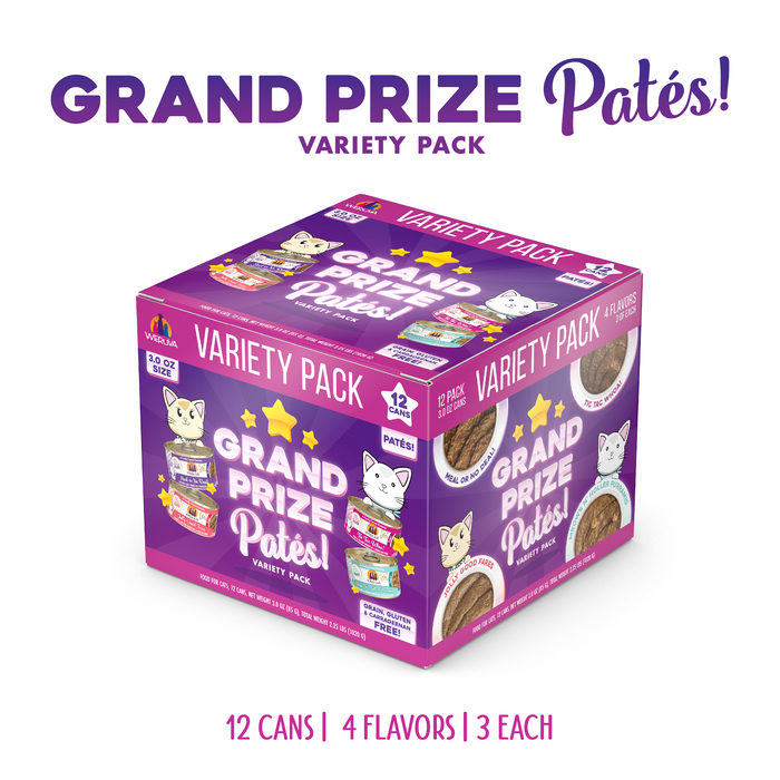 A purple Weruva Grand Prize Patés Variety Pack box shows cats, 12 cans, 4 flavors—including hydrating patés with wild-caught tuna and cage-free chicken—and images of the canned food inside.