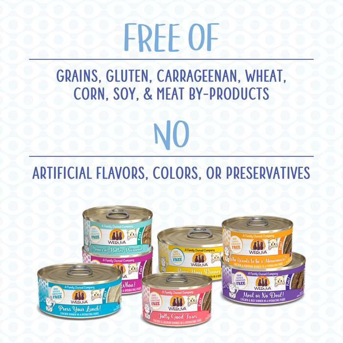 Six cans of Weruva Grand Prize Patés cat food, featuring wild-caught tuna and cage-free chicken, are shown in two rows below text noting these hydrating recipes contain no grains, gluten, fillers, or artificial additives.