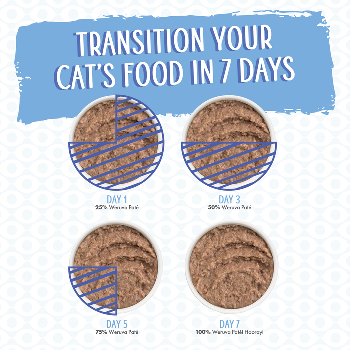Four bowls of Weruva Grand Prize Patés, made with cage-free chicken and hydrating patés, show a 7-day transition. Start at 25% on Day 1 and reach 100% by Day 7. Text: Transition Your Cat’s Food in 7 Days.