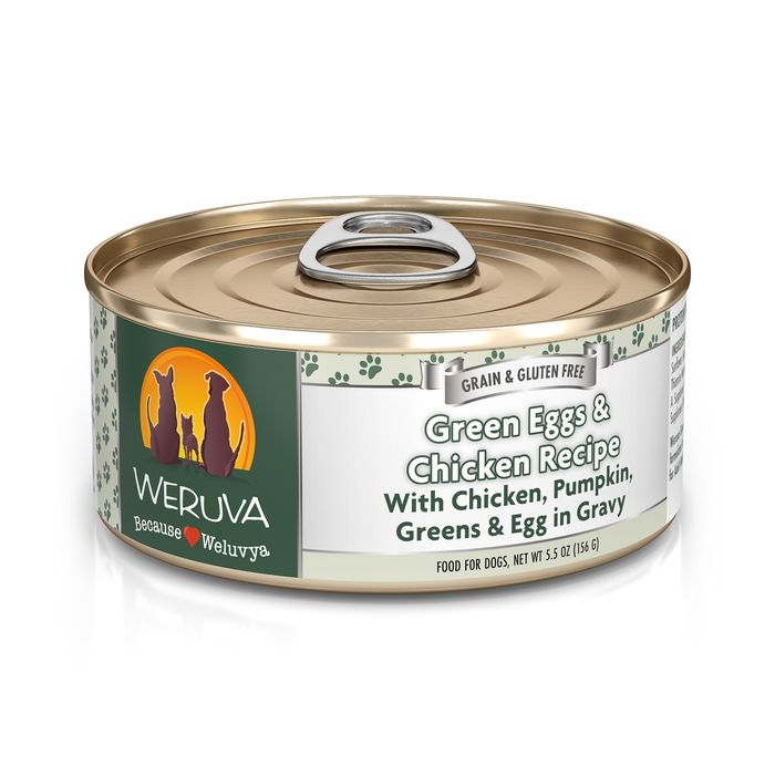 Weruva Green Eggs & Chicken Recipe is a boneless chicken dog food with pumpkin, greens, and egg in gravy. It comes in a gold pull-tab can featuring three pet silhouettes—ideal for a wholesome meal.