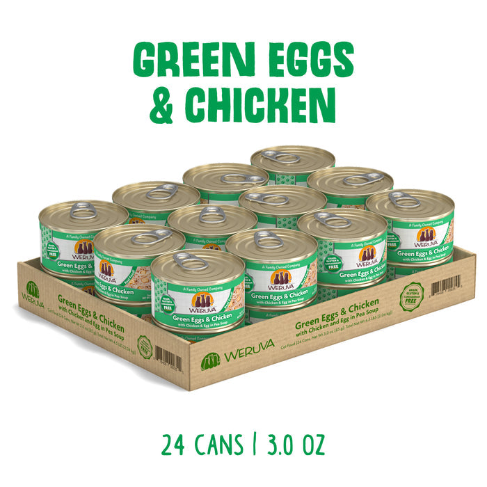 A cardboard tray holds 24 cans of Weruva Green Eggs & Chicken cat food (3.0 oz each) with green labels and bold "Green Eggs & Chicken" text above, highlighting classic recipes: 24 cans | 3.0 oz.
