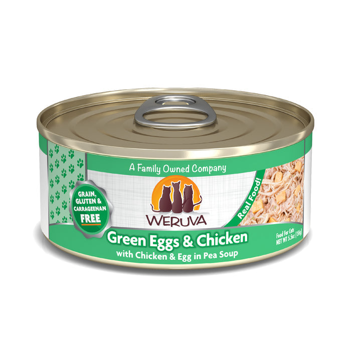 A can of Weruva Green Eggs & Chicken cat food, labeled Grain, Gluten & Carrageenan Free, features classic recipes for obligate carnivores and displays shredded chicken on the label with a gold pull-tab lid.