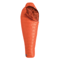 The Big Agnes Returns Greystone 20° is an orange, mummy-style sleeping bag with a hood and DownTek insulation, designed for warm backpacking trips, shown upright against a white background.