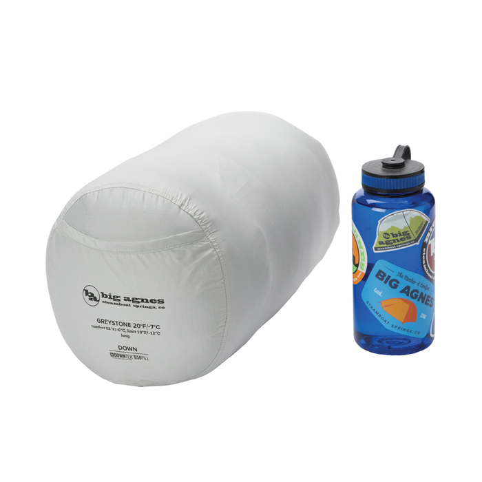 The Big Agnes Returns Greystone 20° sleeping bag sits beside a blue, sticker-covered Nalgene, highlighting its compact size—ideal for backpacking trips.
