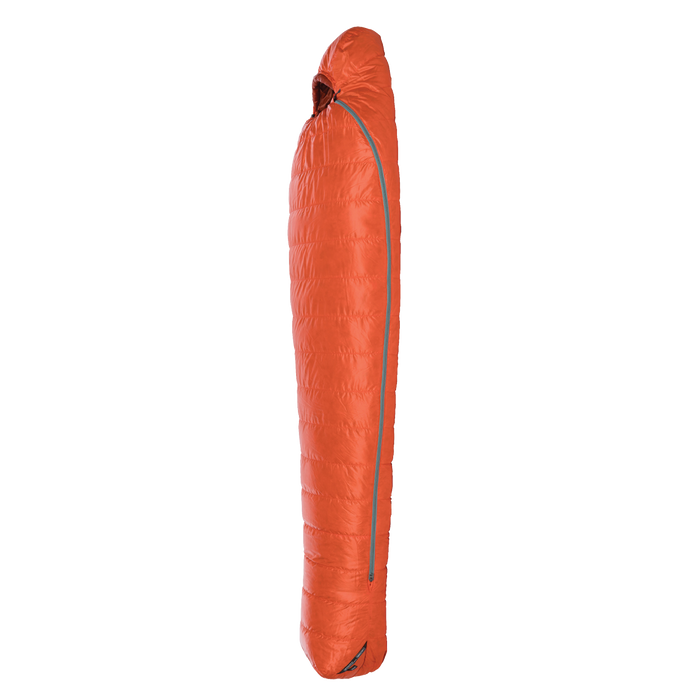 The Big Agnes Returns Greystone 20° is a red, mummy-style sleeping bag with DownTek insulation, a hooded top, and a side zipper—ideal for backpacking adventures.