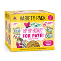 A yellow box of BFF Best Feline Friend Hip Hip Hooray For Paté! premium cat food, featuring 12 cans for chicken lovers, with charming cat illustrations, a girl hugging a cat, and text highlighting tasty paté flavors.