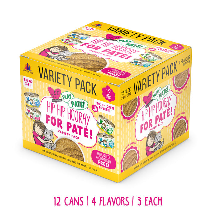 A yellow and pink BFF Best Feline Friend Hip Hip Hooray For Paté! variety pack with cartoon cat and food bowl art, featuring 12 cans of chicken-flavored pâté cat food.