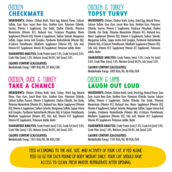 Four colorful sections highlight BFF Best Feline Friend's Hip Hip Hooray For Paté! cat food with detailed ingredients, guaranteed analysis, and feeding instructions—ideal for pate cat food lovers.