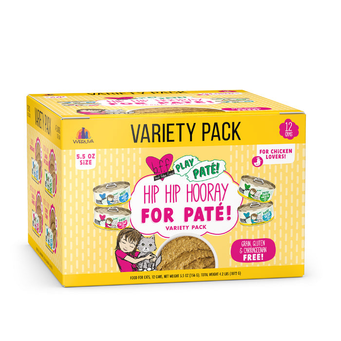 A yellow box of BFF Best Feline Friend “Hip Hip Hooray For Paté!” premium chicken cat food variety pack features cat cartoons, 12 cans, and highlights a grain and gluten free recipe.