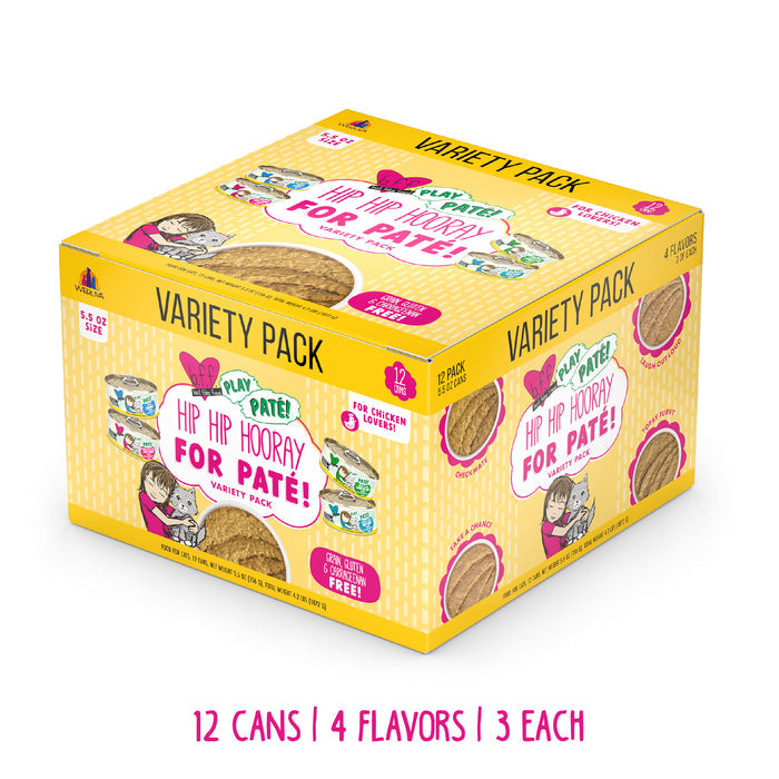 A yellow box of BFF Best Feline Friend Hip Hip Hooray For Paté! premium cat food features 12 cans (3 each of 4 flavors), all shown on the package. Text reads: 12 cans | 4 flavors | 3 each.