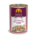 A 14 oz (400g) can of Weruva Hot Dayam! dog food, labeled "With Luscious Grass-Fed Lamb in Gelée," showcases a pink design, gold lid, and lamb chunks in jelly. This meal is grain and gluten free.