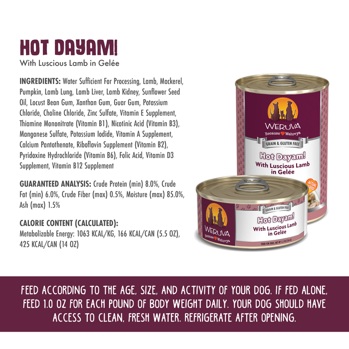 Two cans of Weruva Hot Dayam! dog food with grass-fed lamb in gelée are shown. The labels display ingredients, guaranteed analysis, calorie info, and feeding instructions on a white background.