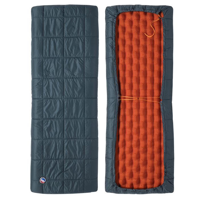 Two sleeping bags, one blue and one orange, on a white background