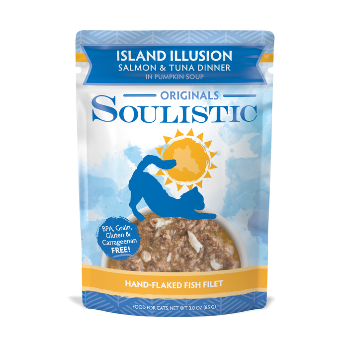 A pouch of Soulistic Island Illusion cat food with flaked salmon and wild-caught tuna in pumpkin soup, packaged with a cat silhouette, sun graphic, and labels showing it’s BPA-free, grain-free, gluten-free, and Carrageenan-free.