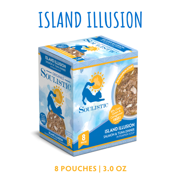 A box of Soulistic Island Illusion cat food with a blue cat logo and sun, featuring 8 pouches (3.0 oz each) of wild-caught tuna and flaked salmon in pumpkin soup. "Salmon & Tuna Dinner in Pumpkin Soup" is printed on the packaging.