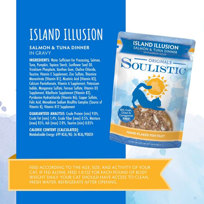 A blue and white label for Soulistic Island Illusion cat food, showing flaked salmon, wild-caught tuna, ingredients, nutrition facts, feeding guidelines, and a pouch with a fish illustration.