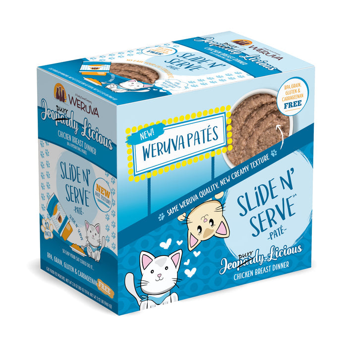 A blue and white box of Weruva Jeopurrdy Licious features playful cat illustrations and chicken paté. The grain-free recipe highlights cage-free chicken breast dinner and convenient Slide N’ Serve pouches.