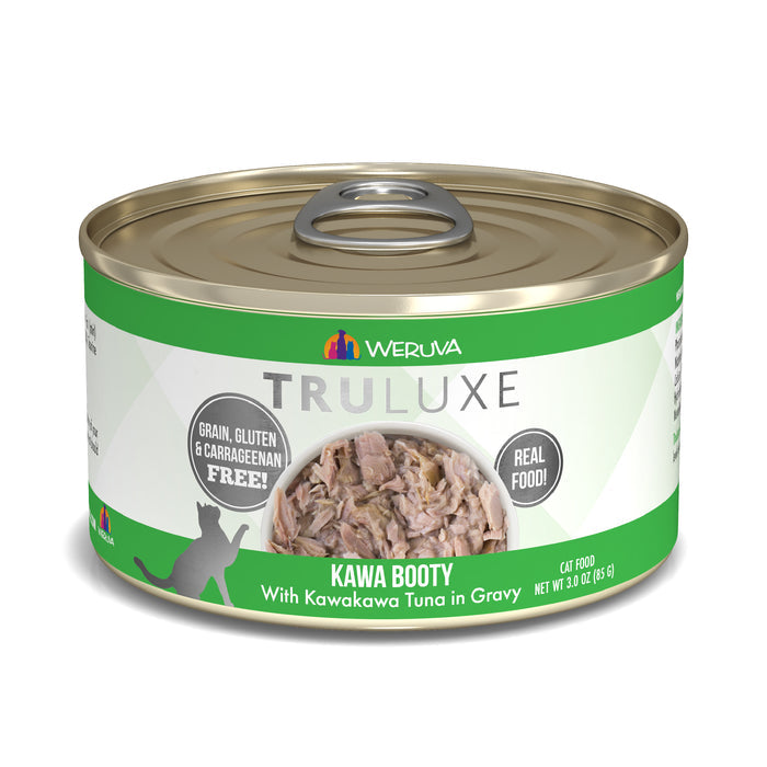 A can of TruLuxe Kawa Booty cat food features wild-caught kawakawa tuna in gravy. The label showcases refined nutrition—free from grain, gluten, and carrageenan—with an image of the tuna mixture on the front.