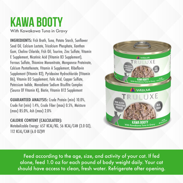 Two cans of TruLuxe Kawa Booty cat food are displayed on a green pattern, with key product info like guaranteed analysis, calorie count, ingredients, and feeding instructions shown beside them.