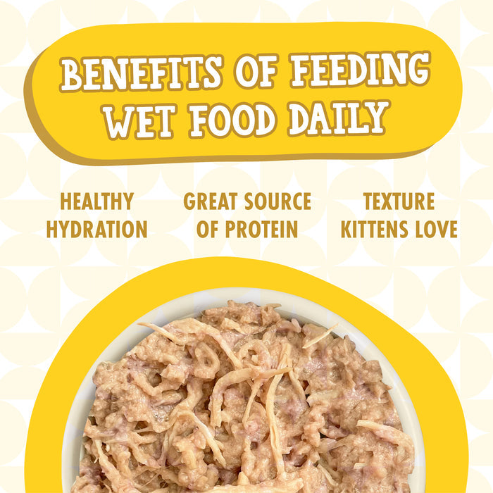A bowl of Kitten Frick 'A Zee by Cats in the Kitchen with text above: Benefits of feeding wet food daily—healthy hydration, protein from cage-free chicken, texture kittens love—in yellow and brown on a light patterned background.